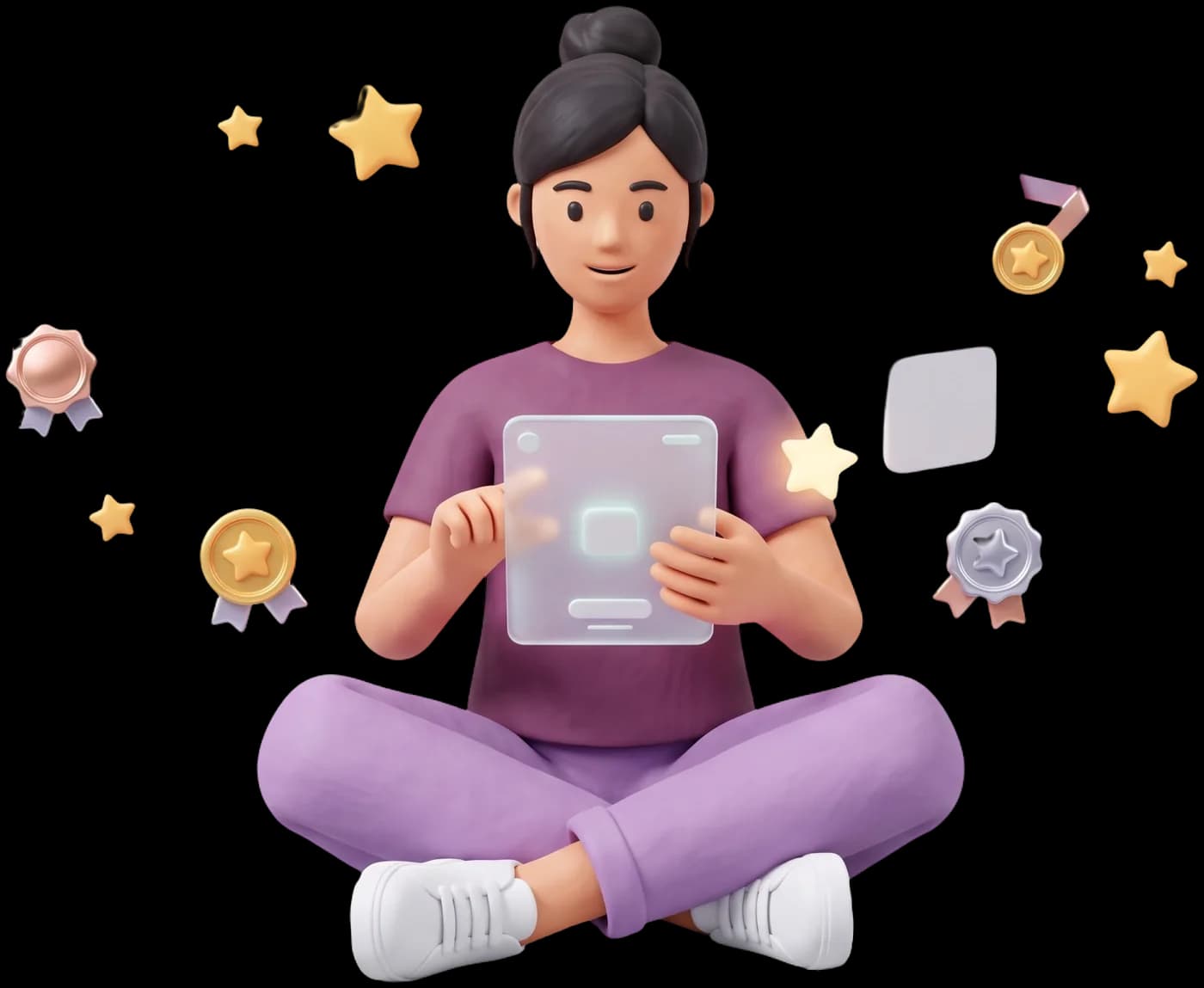 A learner reading a tablet ringed by quiz badges and rewards