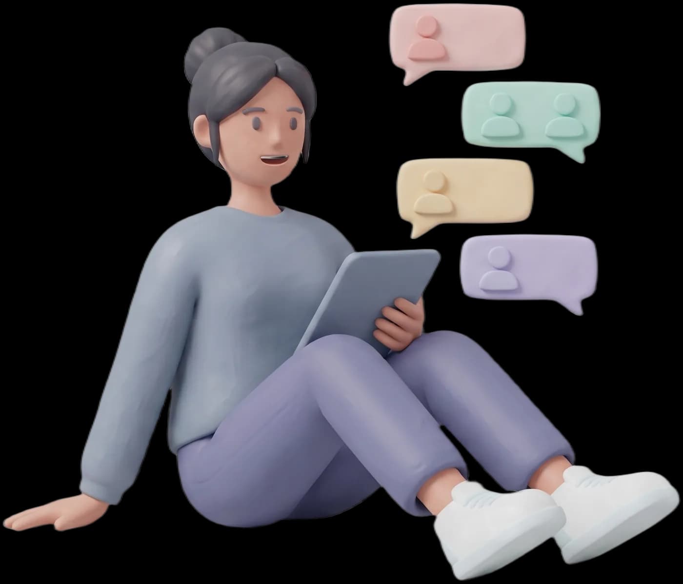 A learner messaging from a tablet as chat bubbles float beside them