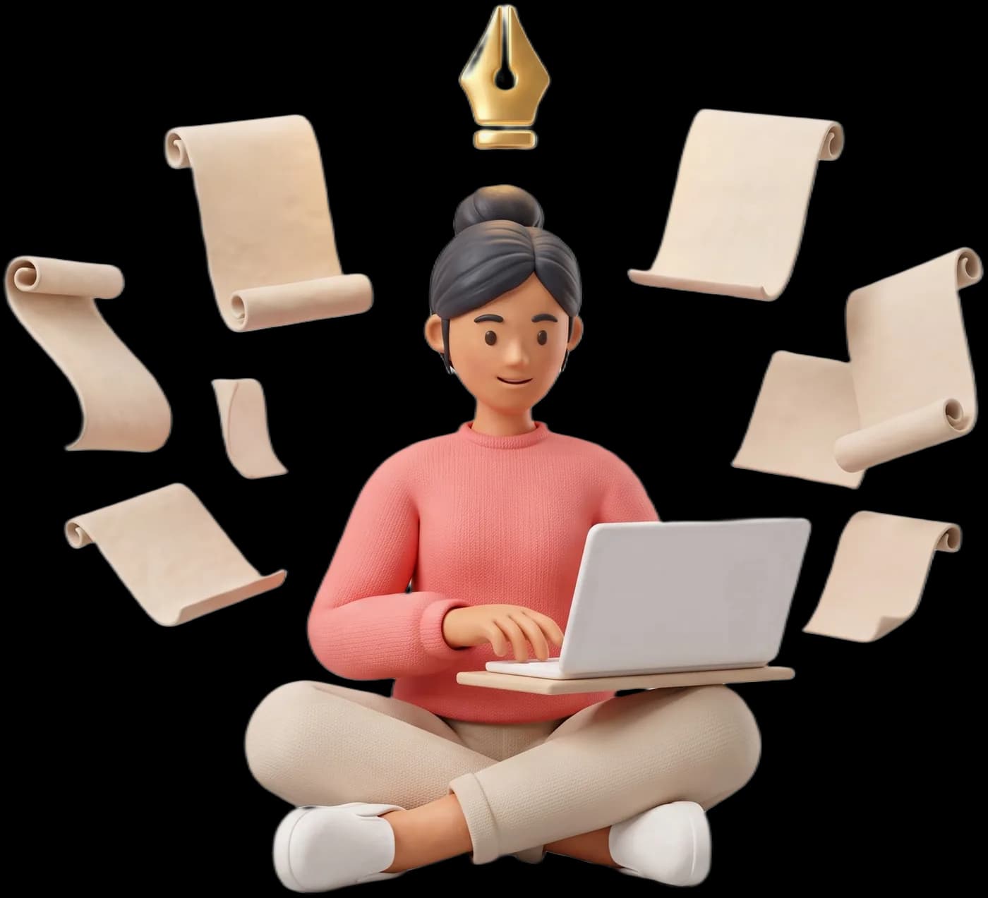 A learner writing on a laptop as pages drift around them