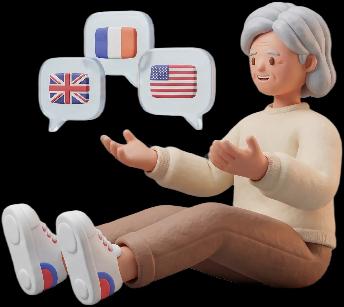 A learner surrounded by speech bubbles carrying different national flags