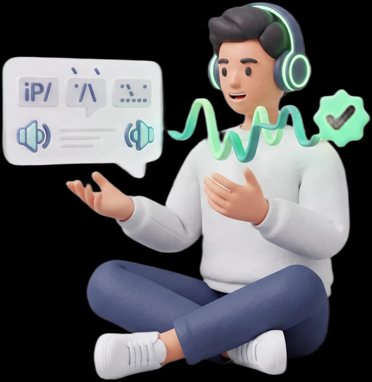 A learner wearing headphones beside a waveform of their speech